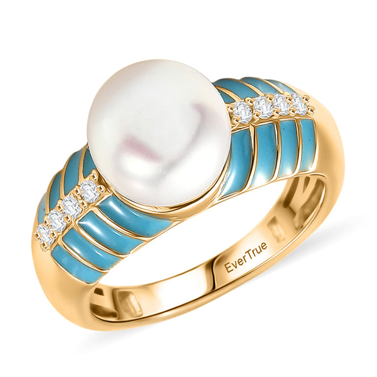 EVER TRUE Süßwasser Perle (9-9.5 mm), Weißer Zirkon Ring Nickelfreies Messing, Blaue Emailliert, goldfarben, (Größe 21.00)