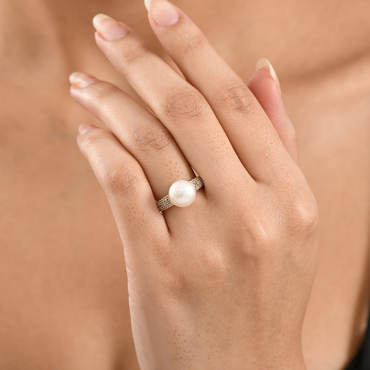 EVER TRUE Süßwasser Perle (9-9.5 mm), Weißer Zirkon Ring Nickelfreies Messing, goldfarben (Größe 21.00)