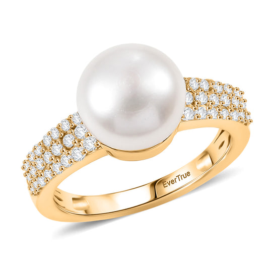 EVER TRUE Süßwasser Perle (9-9.5 mm), Weißer Zirkon Ring Nickelfreies Messing, goldfarben (Größe 21.00)