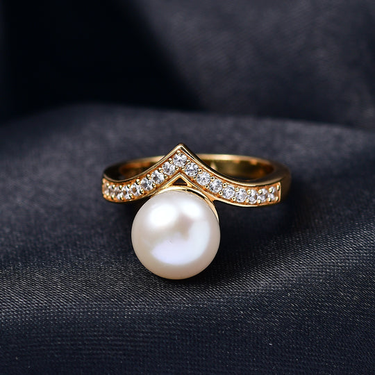 EVER TRUE Süßwasser Perle (9-9.5 mm), Weißer Zirkon Ring Nickelfreies Messing, goldfarben (Größe 20.00)
