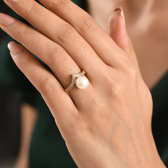 EVER TRUE Süßwasser Perle (9-9.5 mm), Weißer Zirkon Ring Nickelfreies Messing, goldfarben (Größe 20.00)