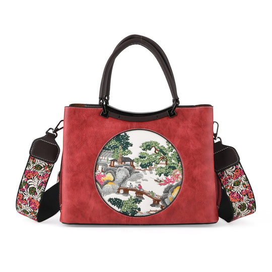 Florale Kunstprint Crossbody-Tasche mit gemustertem Schulterriemen, 30 x 18 x 22 cm, Marineblau