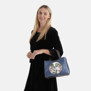 Florale Kunstprint Crossbody-Tasche mit gemustertem Schulterriemen, 30 x 18 x 22 cm, Marineblau