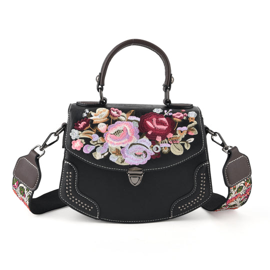 Kompakte Crossbody-Tasche mit floraler Stickerei, 23 x 9 x 17 cm, Apricot