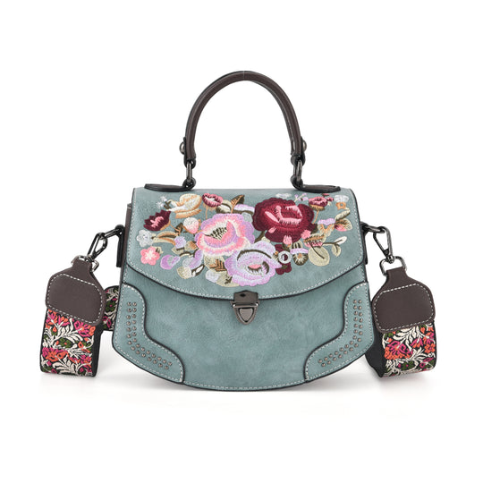 Kompakte Crossbody-Tasche mit floraler Stickerei, 23 x 9 x 17 cm, Apricot