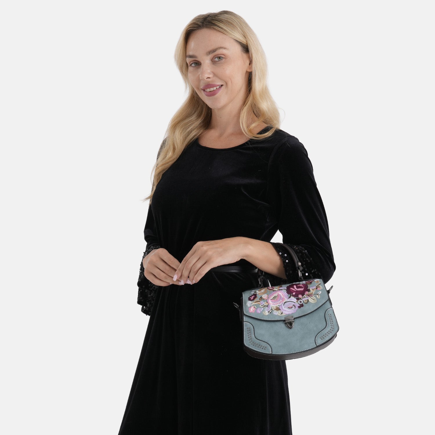 Kompakte Kunstprint Crossbody-Tasche mit floralem Design, 23 x 9 x 17 cm, Petrol