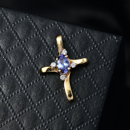 D'Joy Tansanit, Weißer Zirkon Anhänger 925 Silber 750 Gelb Vergoldet ca. 0,51 ct.