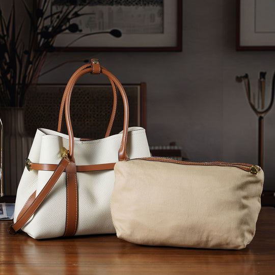 Leder Shopper Set 2 teilig mit Magnetfach und Reißverschlussfach 35 x 11 x 20 cm Weiß Braun