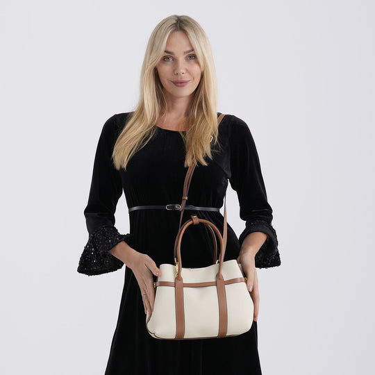 Leder Shopper Set 2 teilig mit Magnetfach und Reißverschlussfach 35 x 11 x 20 cm Weiß Braun