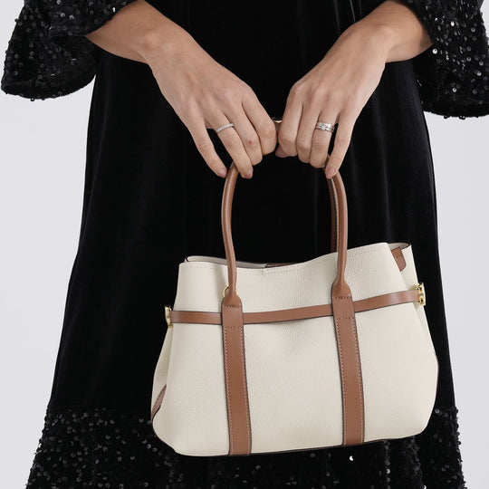 Leder Shopper Set 2 teilig mit Magnetfach und Reißverschlussfach 35 x 11 x 20 cm Weiß Braun