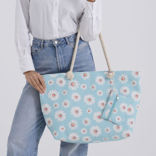 2er Set Sommertaschen, Blumenprint, 56 x 36 x 16 cm, Münzbeutel 15 x 12 cm, Schwarz
