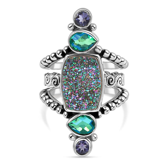 Sajen Silber - Drusy, Pfau Quarz Triplette, Iolit Ring 925 Silber rhodiniert (Größe 20.00) ca. 6.20 ct
