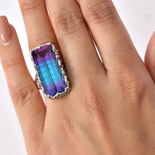 Sajen Silber - Blau-Pink Turmalin Quarz Ring 925 Silber rhodiniert (Größe 19.00) ca. 16.70 ct