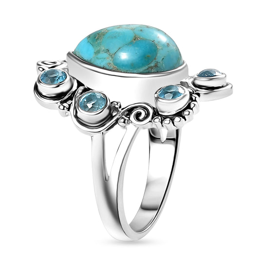 Sajen Silber - Türkis, Paraiba Quarz Ring 925 Silber rhodiniert (Größe 19.00) ca. 6.63 ct