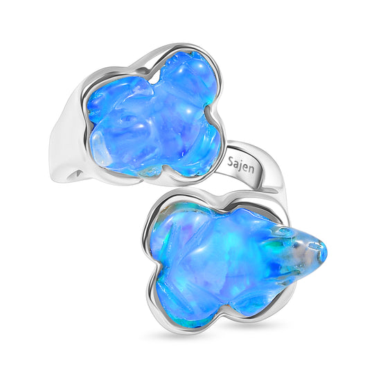 Sajen Silber - Blauer Opaltraum mit Kristallfrosch (Dublette) Ring 925 Silber rhodiniert (Größe 20.00) ca. 12.16 ct