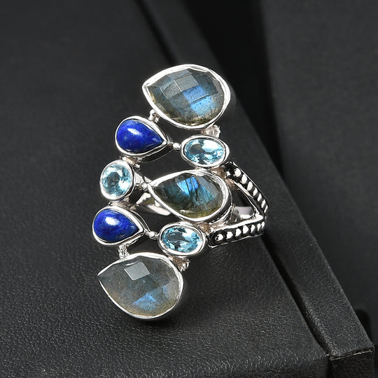 Sajen Silber - Labradorit, Blauer Quarz, Lapislazuli Ring 925 Silber rhodiniert (Größe 18.00) ca. 8.59 ct
