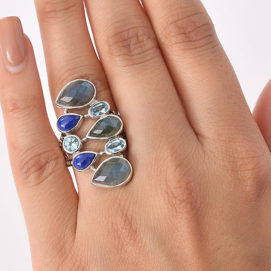 Sajen Silber - Labradorit, Blauer Quarz, Lapislazuli Ring 925 Silber rhodiniert (Größe 18.00) ca. 8.59 ct