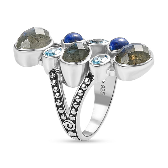 Sajen Silber - Labradorit, Blauer Quarz, Lapislazuli Ring 925 Silber rhodiniert (Größe 18.00) ca. 8.59 ct