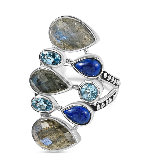 Sajen Silber - Labradorit, Blauer Quarz, Lapislazuli Ring 925 Silber rhodiniert (Größe 18.00) ca. 8.59 ct