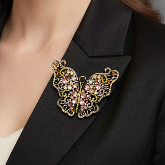 Mehrfarbiger Kristall Schmetterling Brosche Antikes Gold