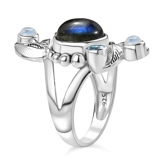 Sajen Silber - AAA Labradorit, Schweizer Blautopas, Schweizer Blautopas Ring 925 Silber rhodiniert (Größe 18.00) ca. 5.07 ct