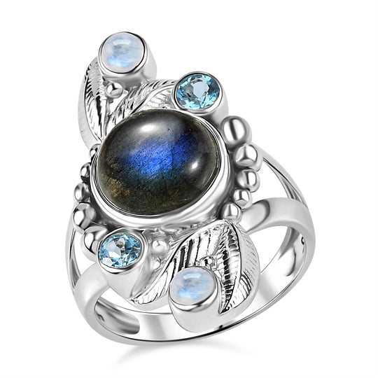 Sajen Silber - AAA Labradorit, Schweizer Blautopas, Schweizer Blautopas Ring 925 Silber rhodiniert (Größe 18.00) ca. 5.07 ct