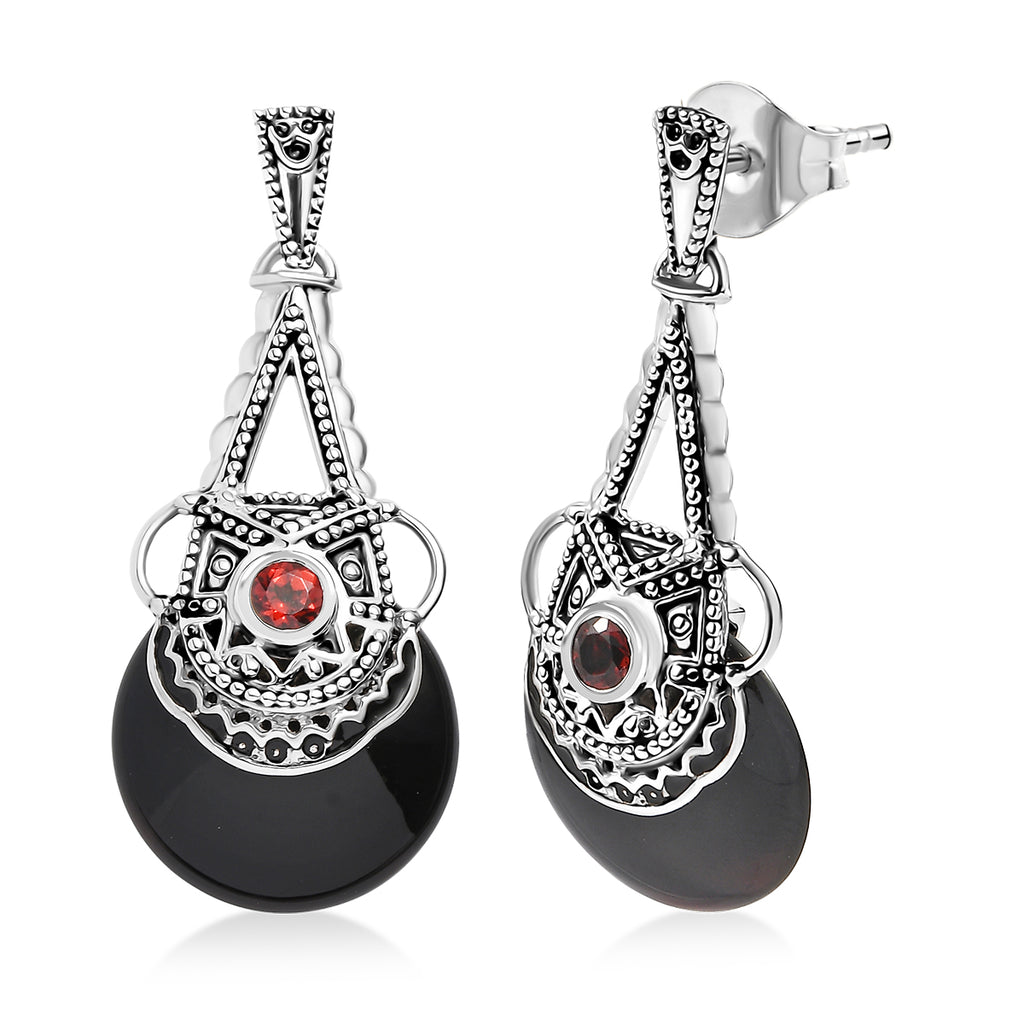 Sajen Silber - Schwarzer Onyx, Roter Granat Ohrringe 925 Silber rhodiniert ca. 11.30 ct