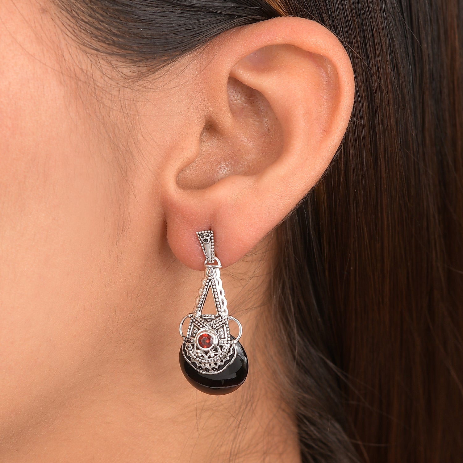 Sajen Silber - Schwarzer Onyx, Roter Granat Ohrringe 925 Silber rhodiniert ca. 11.30 ct