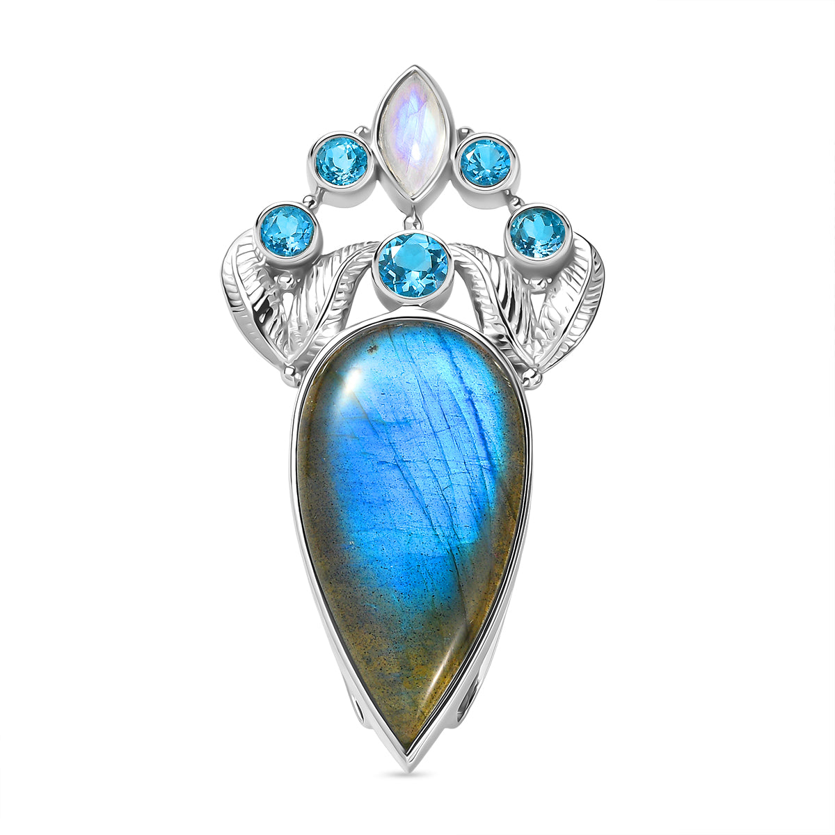 Sajen Silber - AAA Labradorit, Regenbogen Mondstein, Schweizer Blautopas Anhänger 925 Silber rhodiniert ca. 28.11 ct