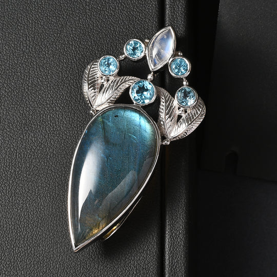 Sajen Silber - AAA Labradorit, Regenbogen Mondstein, Schweizer Blautopas Anhänger 925 Silber rhodiniert ca. 28.11 ct