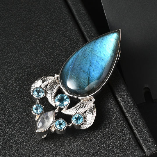 Sajen Silber - AAA Labradorit, Regenbogen Mondstein, Schweizer Blautopas Anhänger 925 Silber rhodiniert ca. 28.11 ct