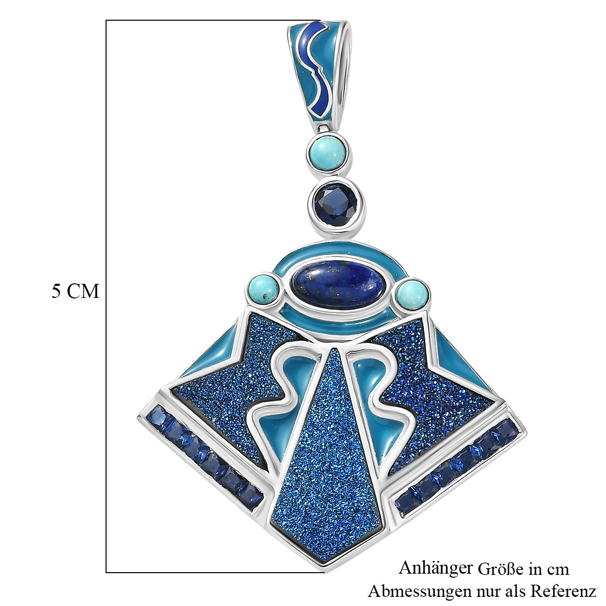 Sajen Silber - Blauer Drusy Quarz, Lapislazuli, Türkis Anhänger 925 Silber rhodiniert ca. 4.40 ct