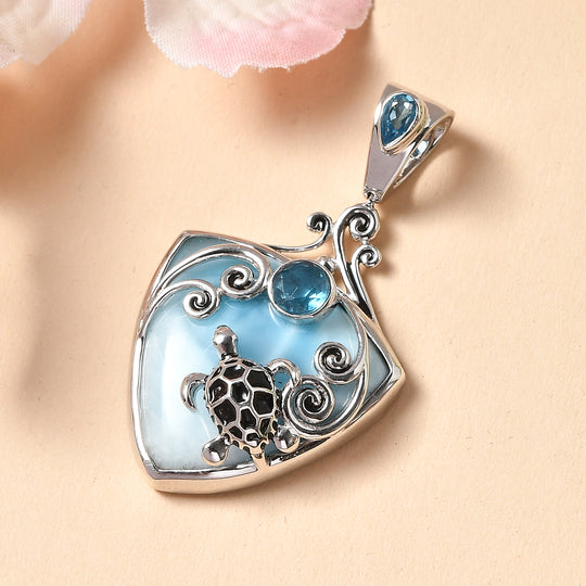 Sajen Silber - Larimar, Schweizer Blauer Quarz Anhänger 925 Silber rhodiniert ca. 23.72 ct
