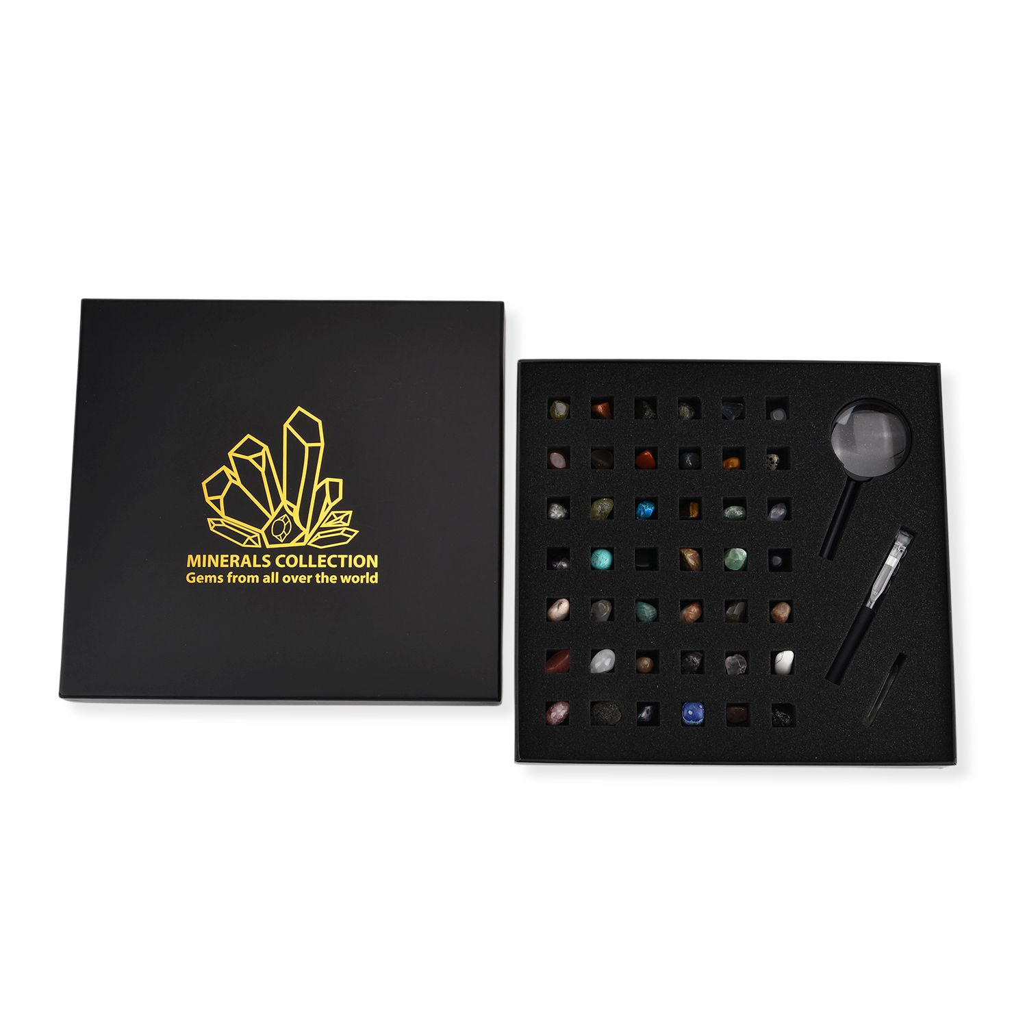 LIVMORE Mineralien Sammlung Set 45 teilig mit Bergkristall und Lupe, Mehrfarbig