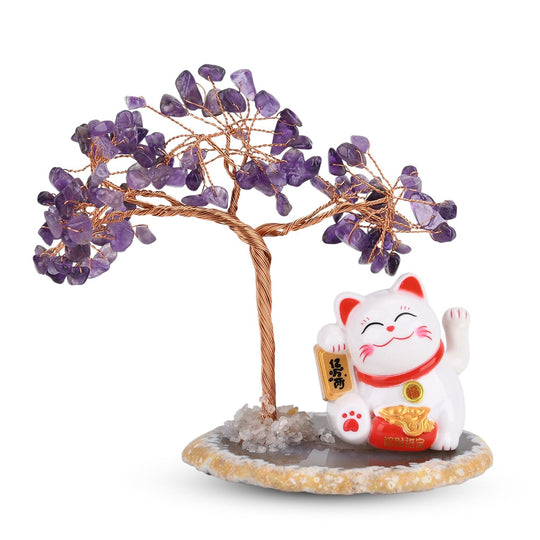 LIVMORE Solar Edelstein Glückskatze Dekoration mit Achatbasis und 108 Amethyst Steinen ca. 11 cm Lila