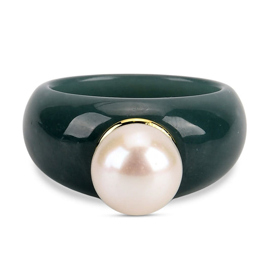 D'Joy Weiße Edison Perle (11-12mm), Natürlicher Olmek Jadeit, Ring 925 Silber vergoldet (Größe 18.00)