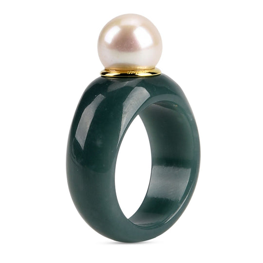 D'Joy Weiße Edison Perle (11-12mm), Natürlicher Olmek Jadeit, Ring 925 Silber vergoldet (Größe 18.00)