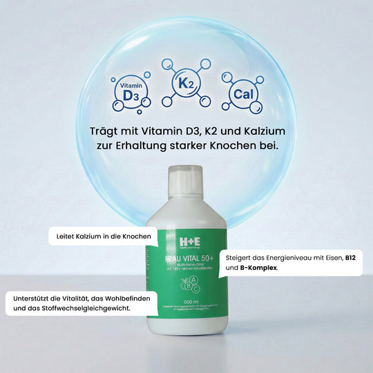 H+E Frau Vital 50+: flüssiges Multivitamin-Konzept mit über 140 sorgfältig abgestimmten Inhaltsstoffen, 500ml