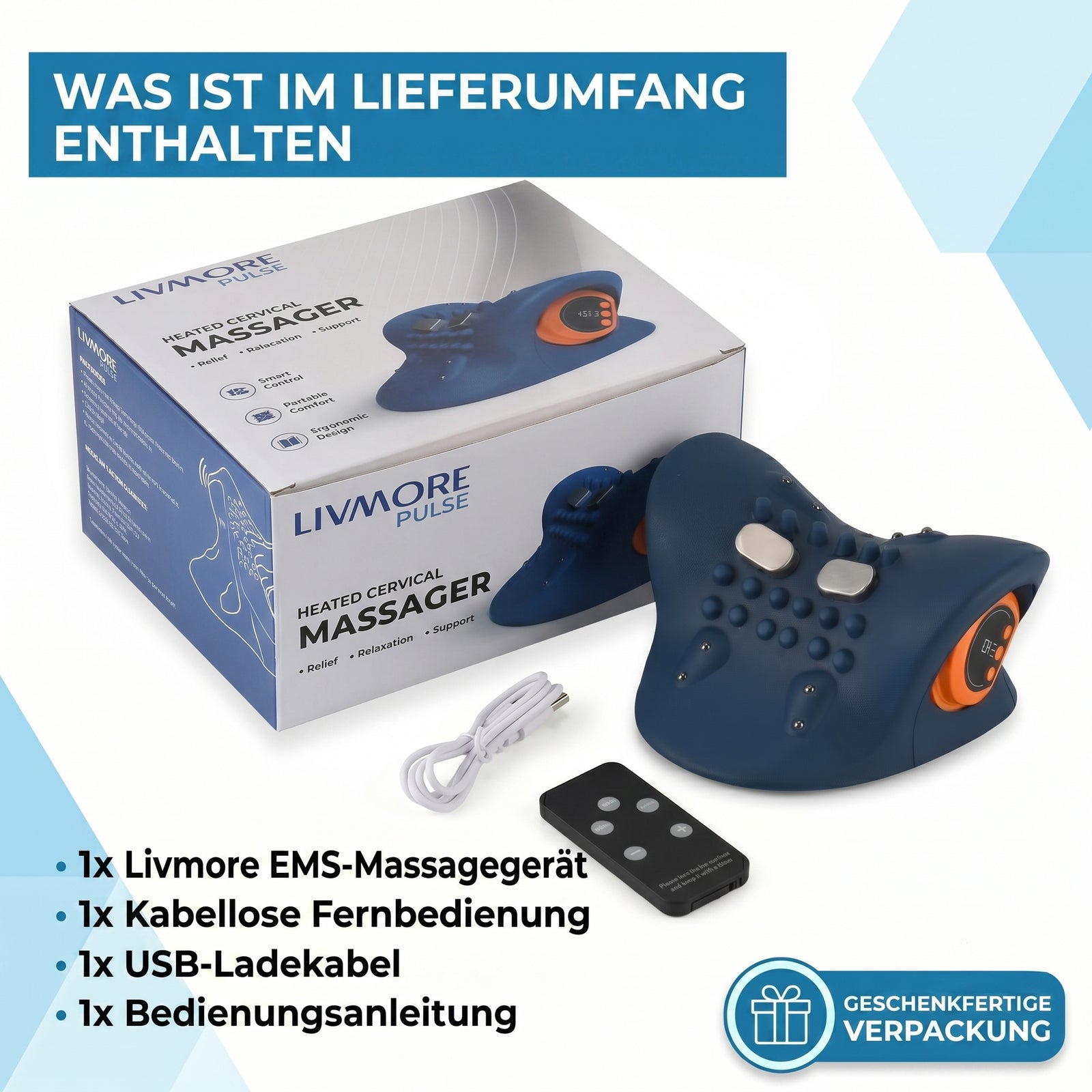 LIVMORE EMS-Nackenmassagegerät mit Fernbedienung, 6 Intensitätsstufen, 1500 mAh Akku, Dunkelblau