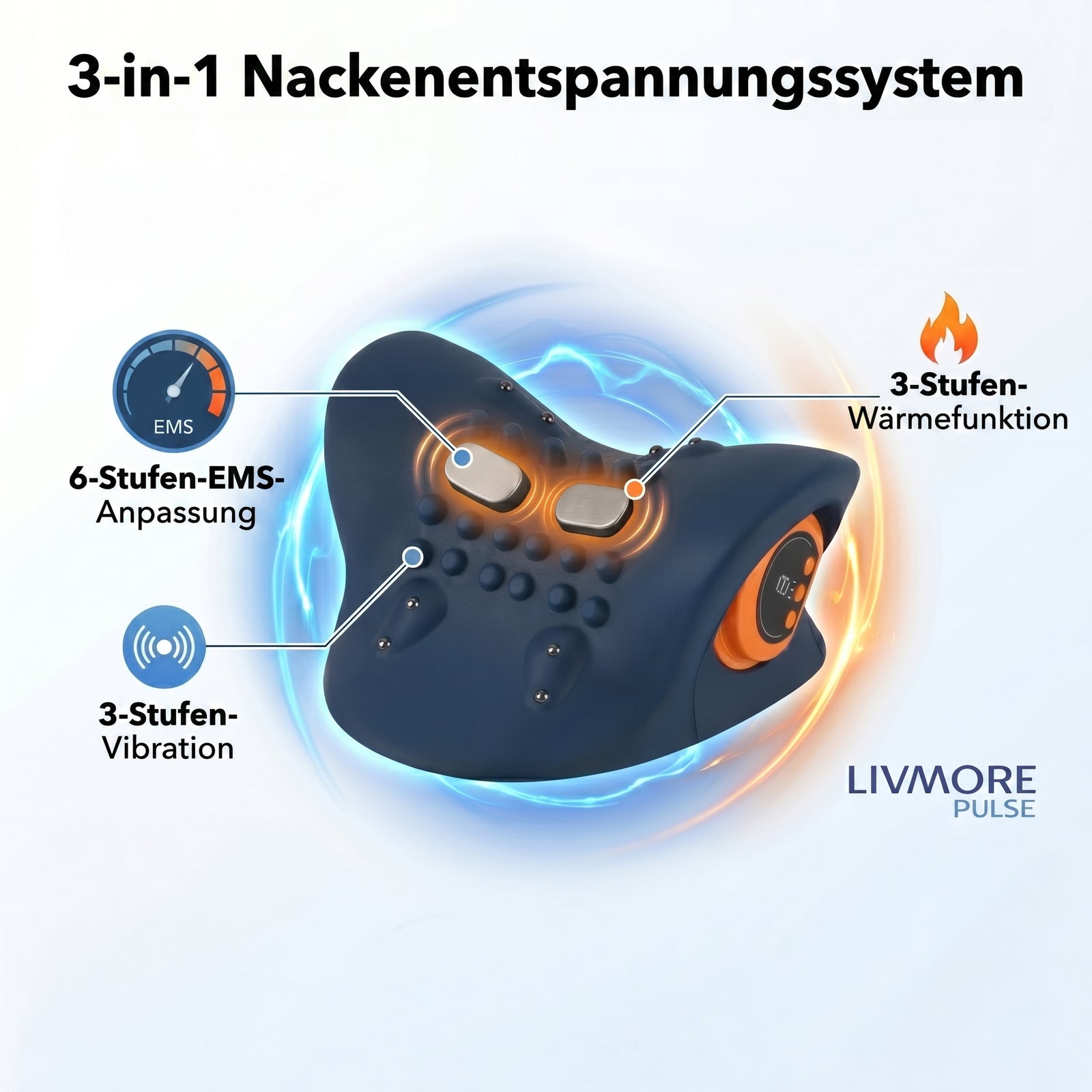 LIVMORE EMS-Nackenmassagegerät mit Fernbedienung, 6 Intensitätsstufen, 1500 mAh Akku, Dunkelblau