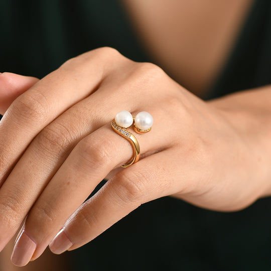 EVER TRUE Süßwasser Perle (7-7.5 mm), Weißer Zirkon Ring Nickelfreies Messing, goldfarben (Größe 17.00)
