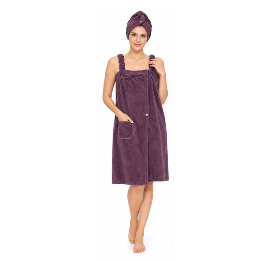 LIVMORE 2er-Set Plüsch-Badehandtuchkleid mit Trägern 140x82cm, Tasche und Haarturban, 260gsm 100% Polyester, Weiß