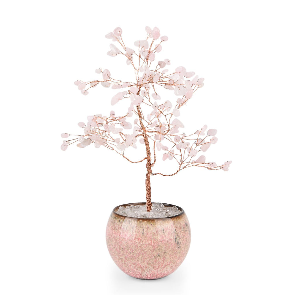 LIVMORE Edelsteinbaum mit 168 Rosenquarz Perlen Keramikschale ca. 18 cm Rosa