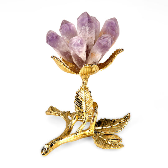 LIVMORE Edelsteinblüten Dekofigur mit goldfarbenem Metallsockel, Lila