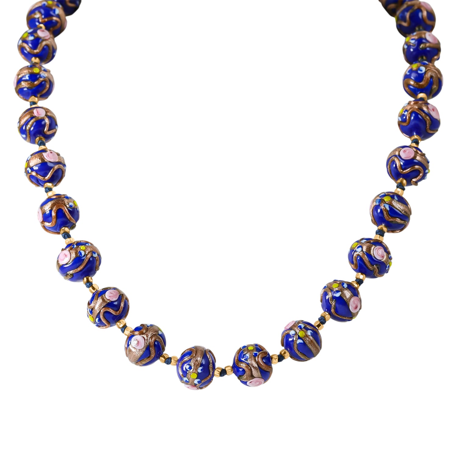 IL MURANO DI FRANCESCA - Blau Fiorato Kugel Collier ca. 50 cm 925 Silber 750 Gelb Vergoldet
