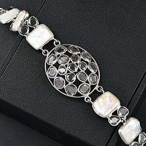 Indischen Handwerkkunst: Keshi-Stil Süßwasser Perle, Polki-Moissanit Armband ca. 18.5 cm 925 Silber Rhodiniert 32.72 ct