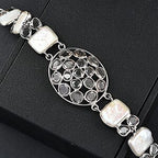 Indischen Handwerkkunst: Keshi-Stil Süßwasser Perle, Polki-Moissanit Armband ca. 18.5 cm 925 Silber Rhodiniert 32.72 ct