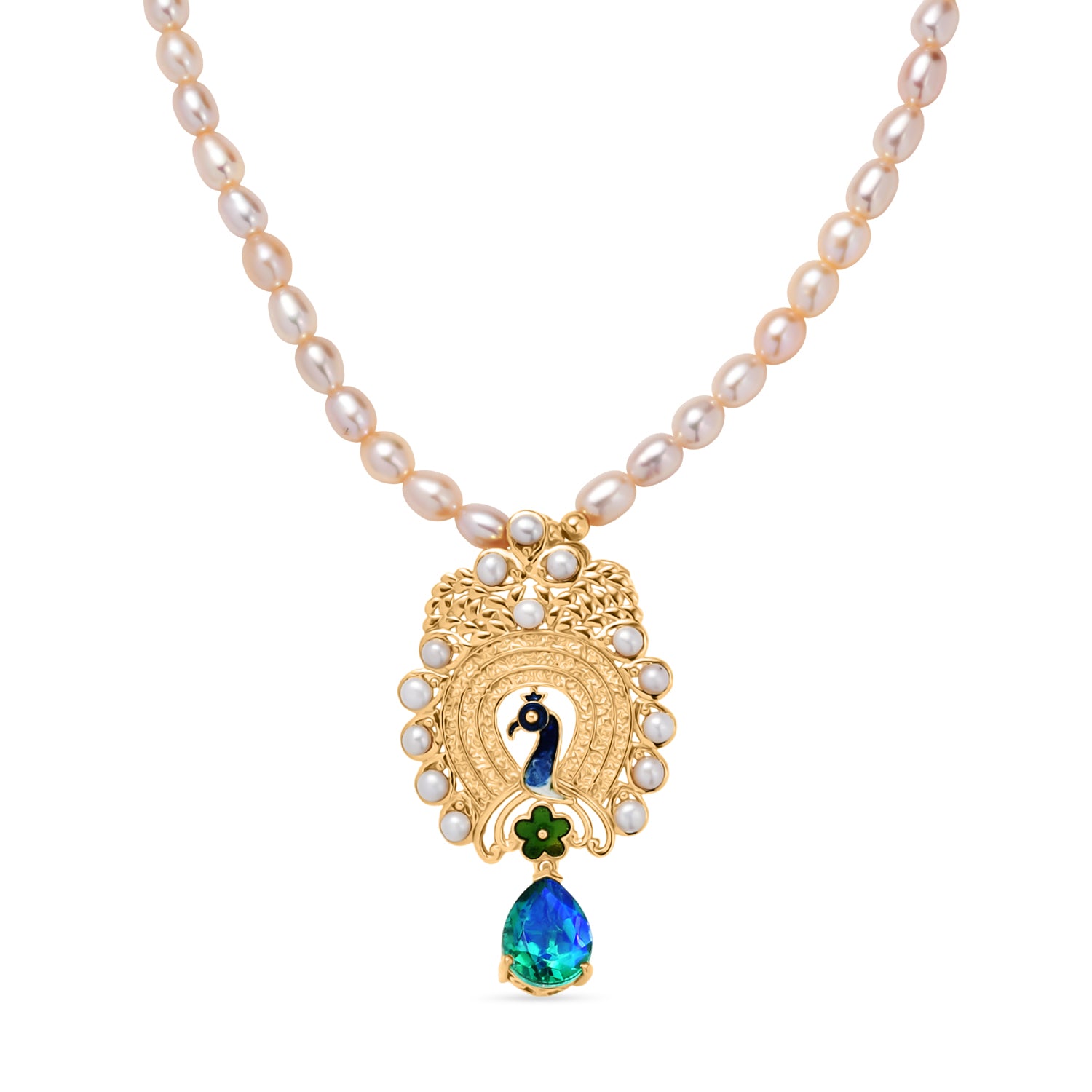 D'Joy Pfau Quarz Triplette, Pfirsich Perle (4-4.5mm) Halskette ca. 45 cm 925 Silber 750 Gelbgold Vermeil
