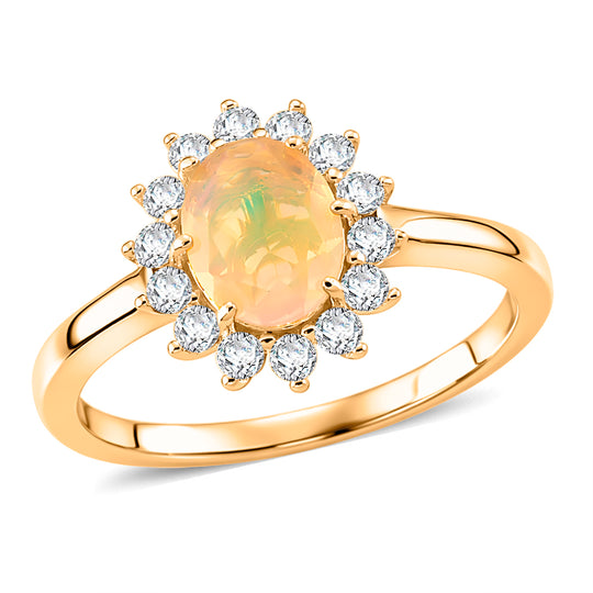 D'Joy Natürlicher, äthiopischer Welo Opal, Moissanit Ring 925 Silber Vergoldet (Größe 18.00) ca. 1.28 ct