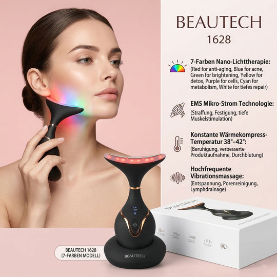 BEAUTECH Gesichts und Halsbehandlungs massagegerät, mit Nano-Lichttherapie, 1640 mAh, Schwarz